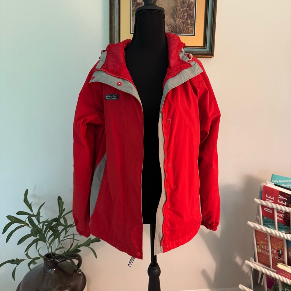 Columbia Women's Red and Gray Hooded Rain Jacket Windbreaker